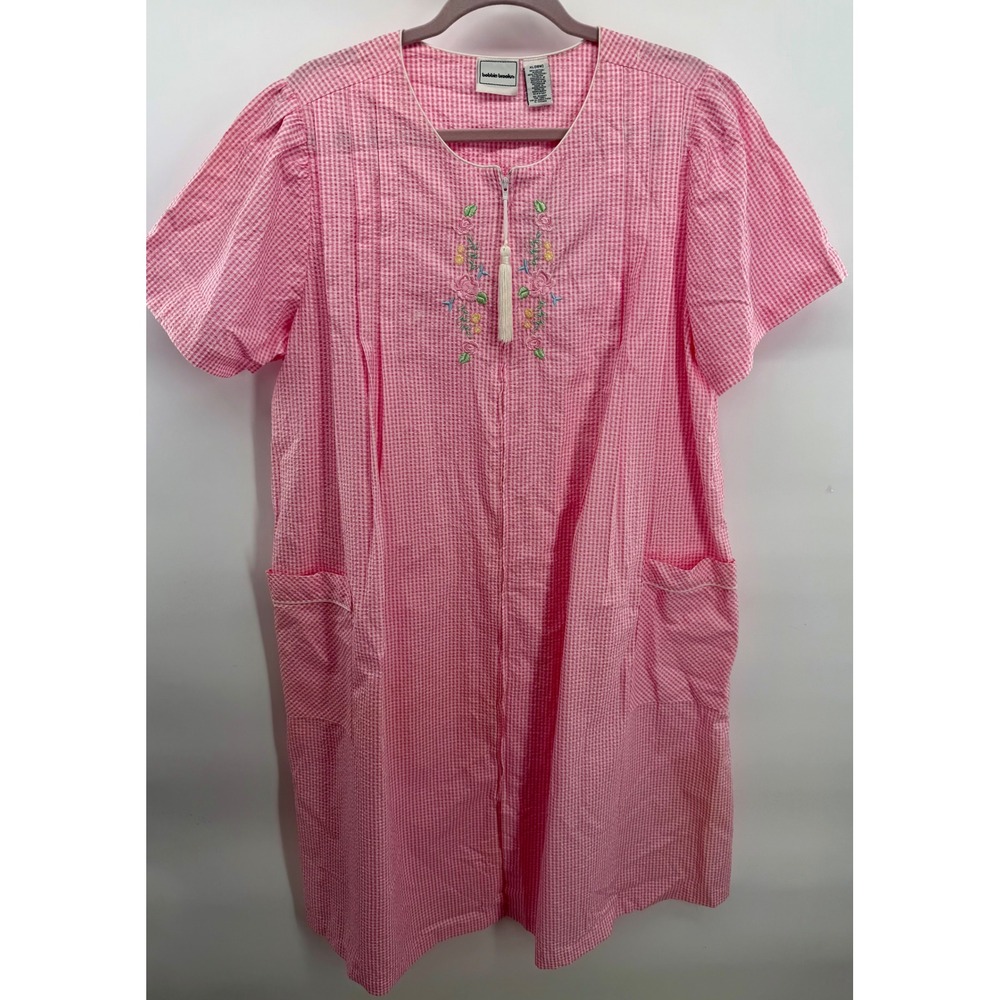 Bobbie Brooks House Dress Robe XL 18W Pink Gingham Floral Zip Front